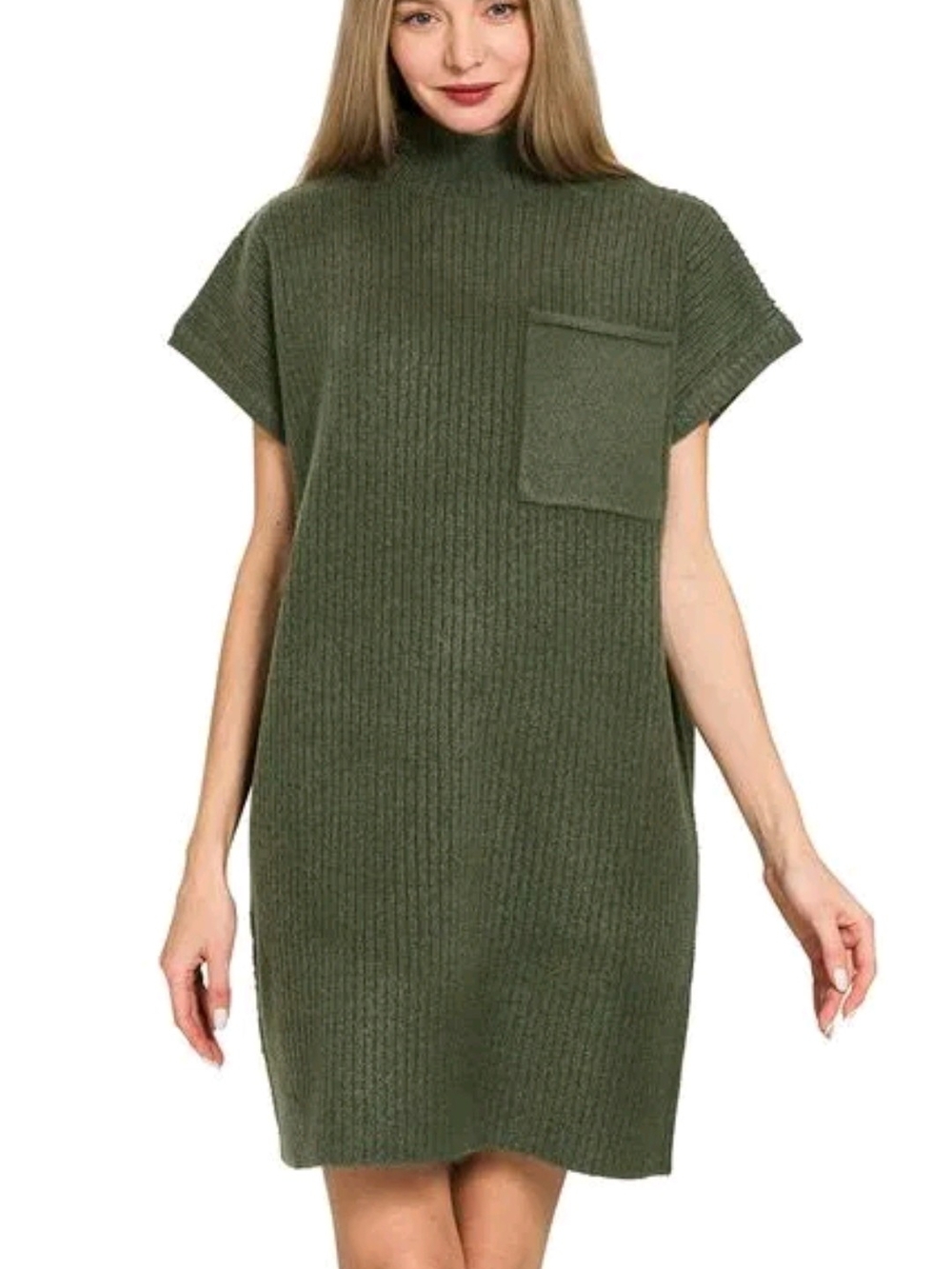 Zenana Outfitters Olive Ribbed Turtleneck Pocket Mini Dress